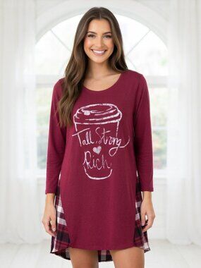 Tru Self Coffee Graphic Plaid Tunic NWT Small Cozy Rayon Loungewear Shirt